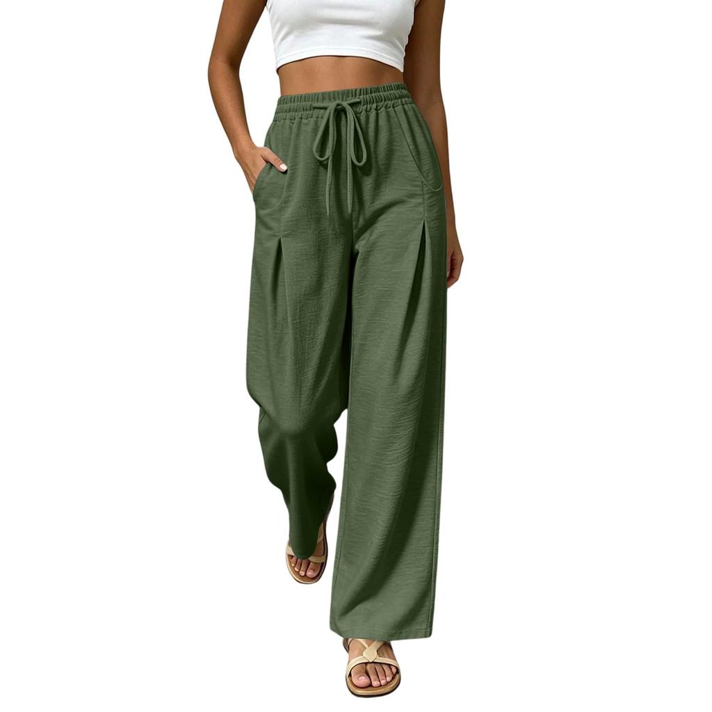 Women High Waist Wide Leg Pants Summer Casual Loose Fit Trousers with Pockets Elastic Waist Drawstring Outdoor Lightweight
