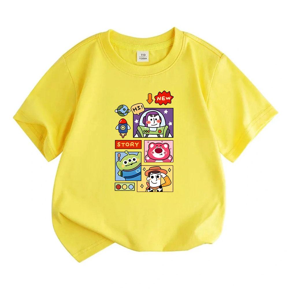 Kids Boys Girls Crew Neck Short Sleeve 100% Cotton T-Shirt Cute Cartoon Space Toy Characters Print Casual Soft Breathable Tees Tops for Children Daily