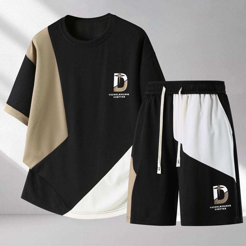 

Men s Plus Size Color Block T-Shirt & Shorts Set, Breathable Summer Casual Outfit (5XL-12XL) 5XL(90kg-100kg) чёрный