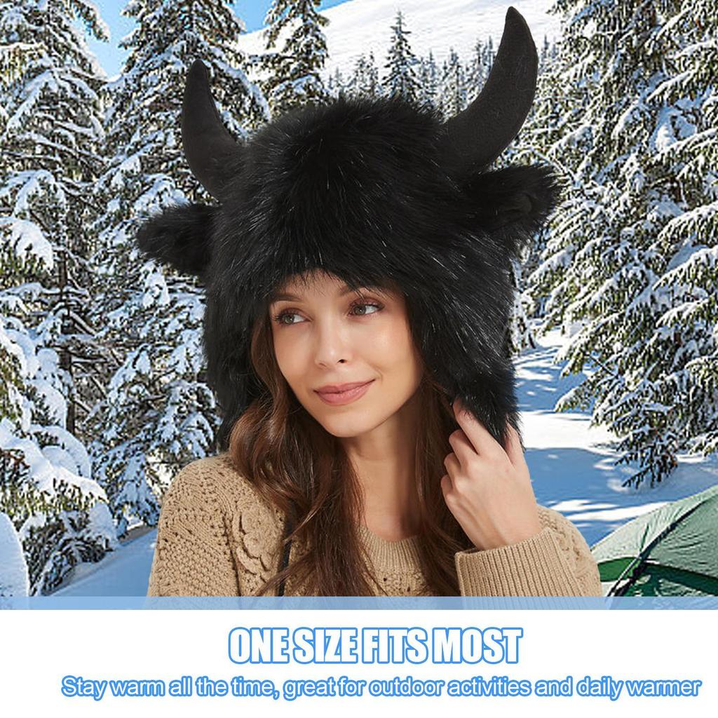 Bison Hat with Horns Plush Earflap Hat with Horns Fluffy Ear Headwear for Halloween Gift for Men and Women for Animal Cosplay