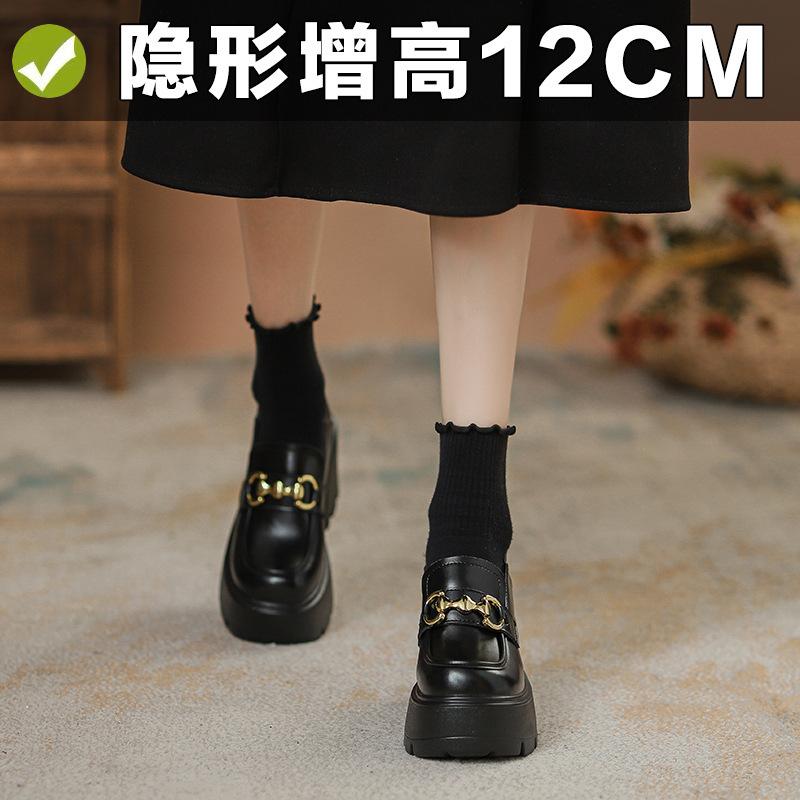 Inner height increase 12cm loafer single shoes genuine leather black thick sole new small leather shoes women 3233 black small leather