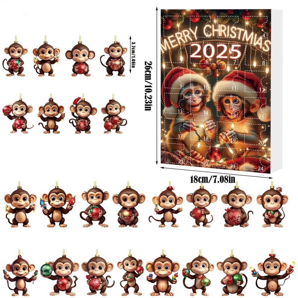 Christmas Countdown Calendar with Acrylic Monkey Pendants 2D Car Ornament 24-Day Advent Calendar for Holiday Home Office Decor