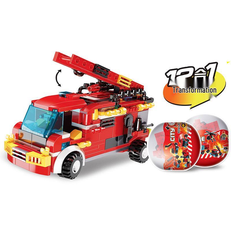 City Fire Truck Building Blocks 12-in-1 Transformable DIY Assembly Interlocking Toy Car