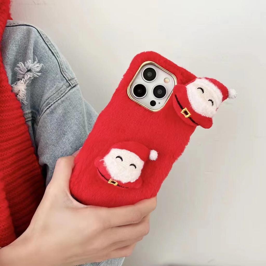 Weihnachtsmann süße Elch Plüsch Handytasche für iPhone 15 14 13 12 11 Pro Max X XR XS Max 7 8 Plus Se 2020 2022 Weihnachten pelzige Silikonhüllen für Samsung/Redmi