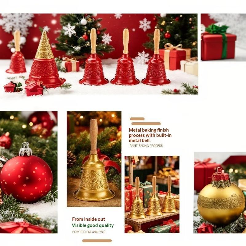 Christmas Iron Hand Bell Red Gold Embossed Pattern Wooden Handle for Holiday Gift Giving Restaurant Call Bell