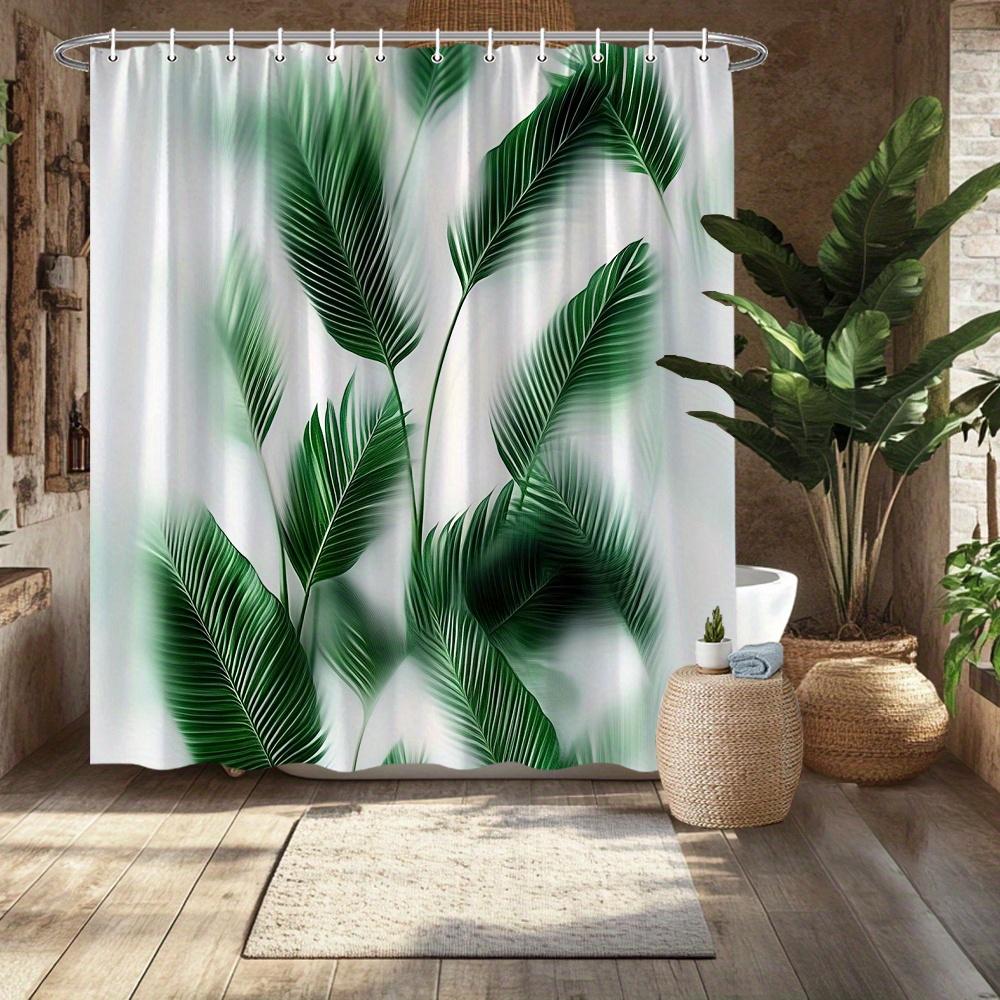 Tropical Palm Leaves Shower Curtain, Lush Green Foliage Design, Fade-Resistant Polyester, Machine Washable, 12 Hooks