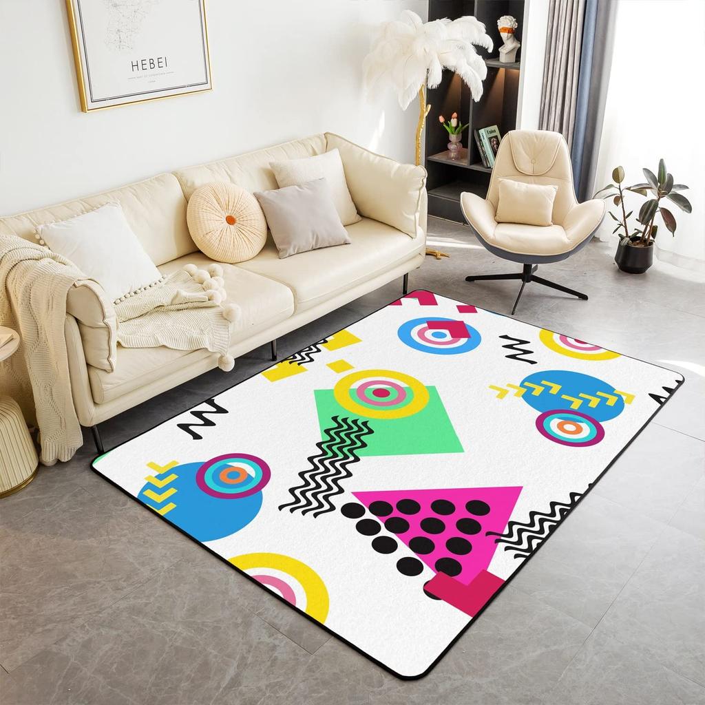 Memphis Area Rug, Hipster Retro Doormat, 80s 90s Hip Hop Funky Colorful Pop Art Inspired Carpet for Playroom Geometric Floor Mat
