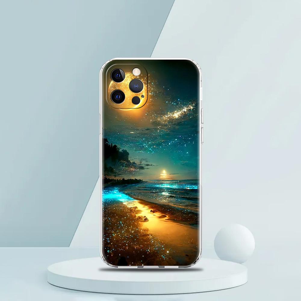 Soft TPU Transparent Phone Case for iPhone 16 15 14 13 12 11 Pro Max XR 8 7 Plus XR Starry Night Art Aesthetic Beach Night View
