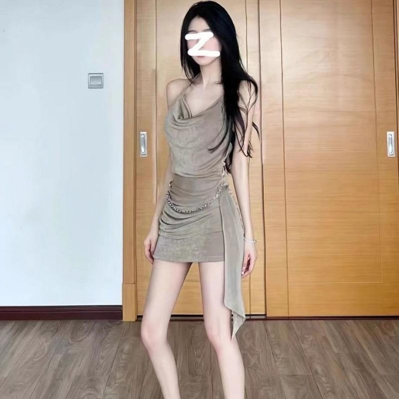 Women's Black Halter Bodycon Mini Dress Chain Belt Decor Spring Summer Sexy Party Dress