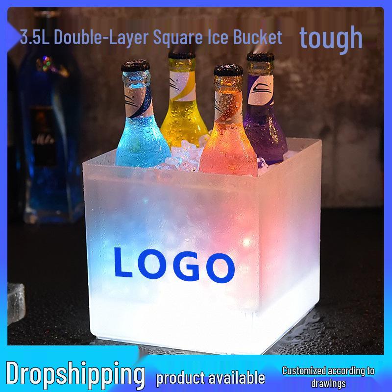 In-Stock Frosted Light-Up Ice Bucket, 3.5L Battery-Operated, Double-Layer PP for Beer, Champagne, Wine.