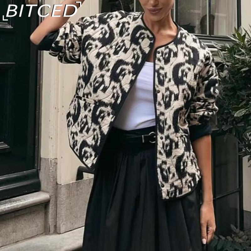 BITCED Women's Autumn/Winter Plus Size Fashion Print Quilted Cotton Jacket