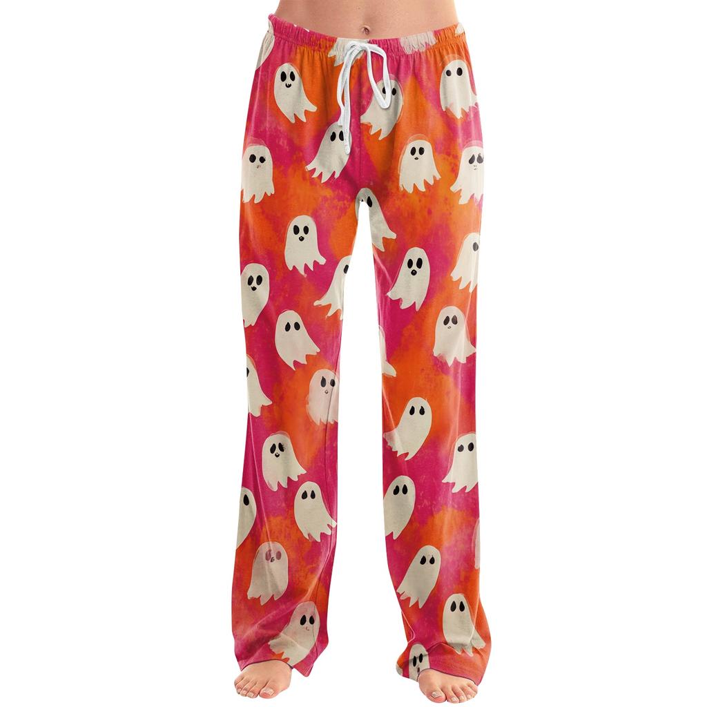 Women's Drawstring Lounge Pants Halloween Print Casual Loose Fit Full Length Elastic Waistband Pajama Bottoms