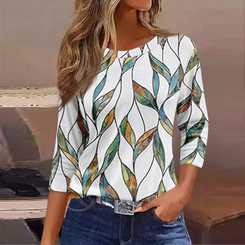 Women's Fashion Casual Round Neck 3/4 Sleeve Loose  Printed T-Shirt Ladies Top Dressy Tops for Women Trendy Womens Summer Tops