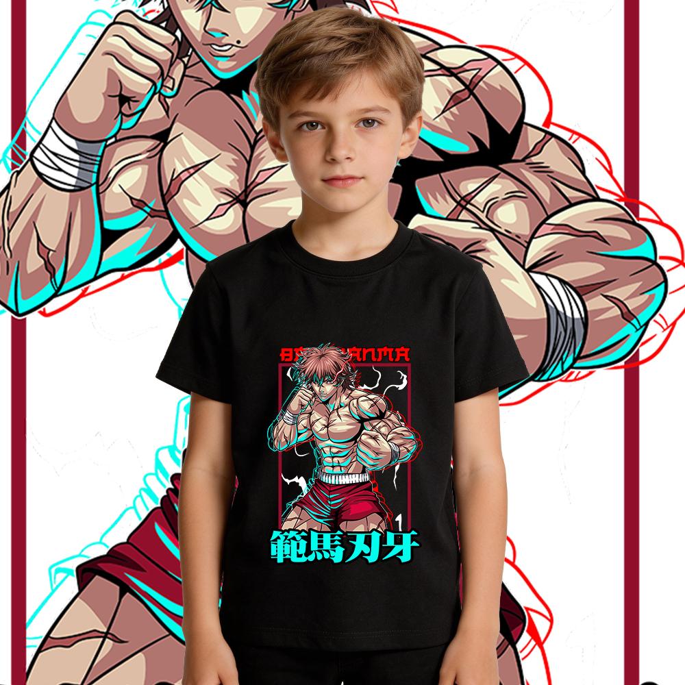 T-shirt Imprimé Anime Baki pour Enfants en Coton Manches Courtes d'Été Vêtements pour Enfants Doux Respirant