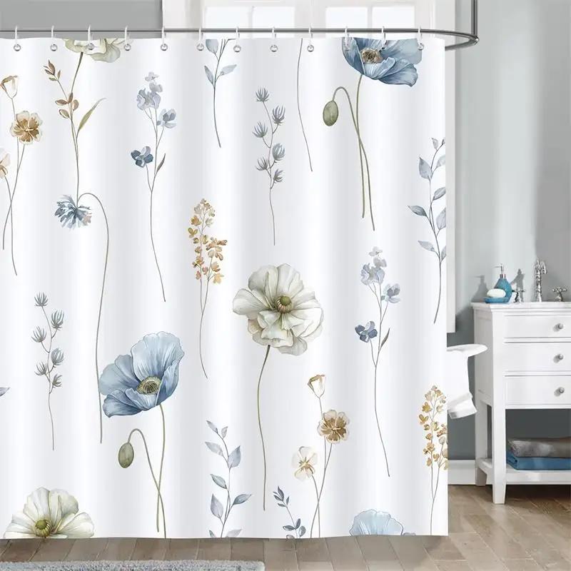 Eucalyptus Leaves Shower Curtain Watercolor Hanging Brown Leaf Pink Floral Fall Bath Curtains Fabric Bathroom Decor with Hooks