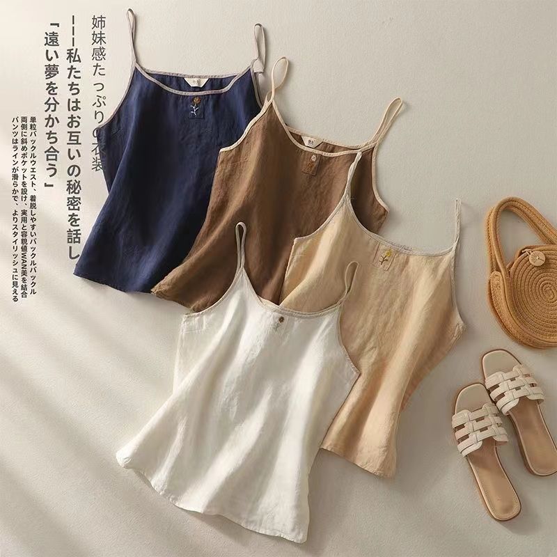 Vintage Embroidered Linen Camisole Women Summer Loose Casual Simple Sleeveless Top