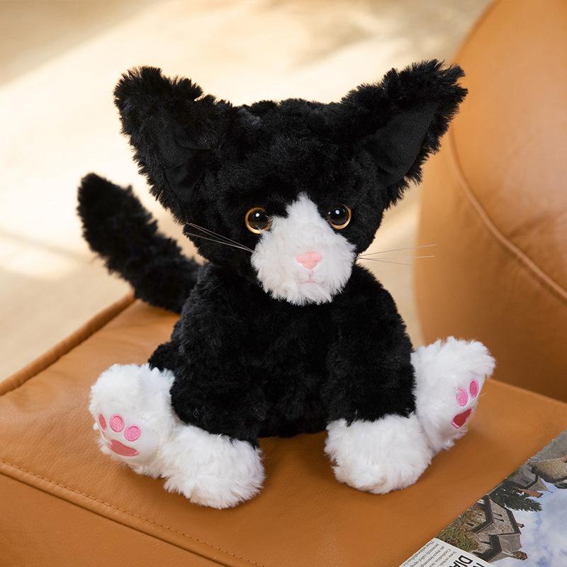 Cute Plamey Cat Plush Toy, Kurilian Bobtail Black Cat Stuffed Animal, Realistic Soft Cuddly Pillow, Gift for Cat Lovers