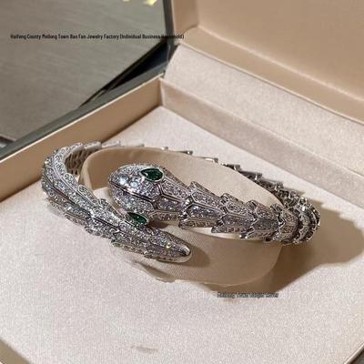 Silver-Plated Full Diamond Snake Bracelet with Green Eyes - Luxurious and Versatile Valentine's Gift for Women