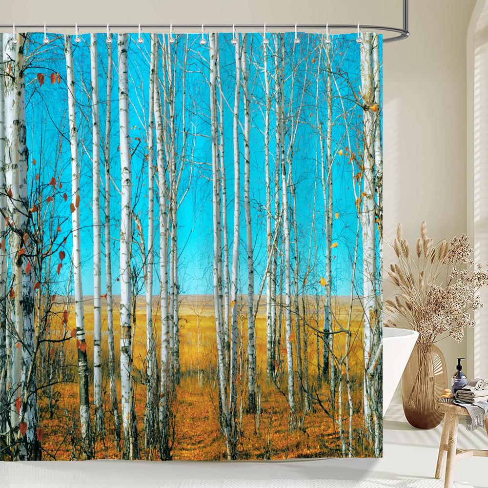Berkenbos Bomen Douchegordijn Natuurlandschap Prints Stof Waterdicht Polyester Badkamer Gordijnen Decoratie Met Haken