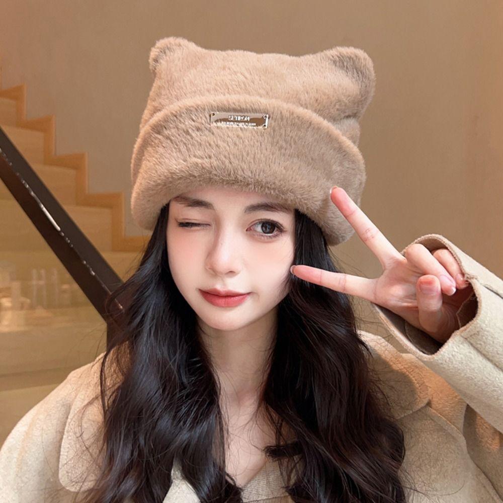 Imitation Mink Wool Knitted Cap Bear Ears Winter Plush Hat Leisure Cat Ears Hat  Warm