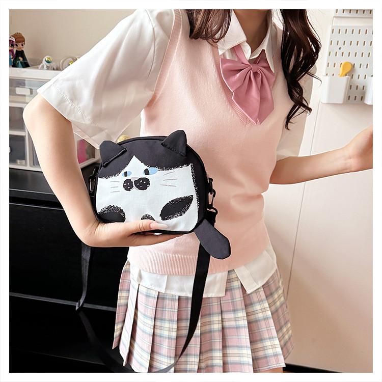 Cute Cat Mini Shoulder Bag With Cotton Material And Zipper Closure For Daily Use