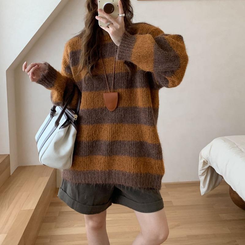 Contrasting color striped knitted sweater women's autumn and winter new lazy style casual soft waxy round neck large size thick pullover sweater