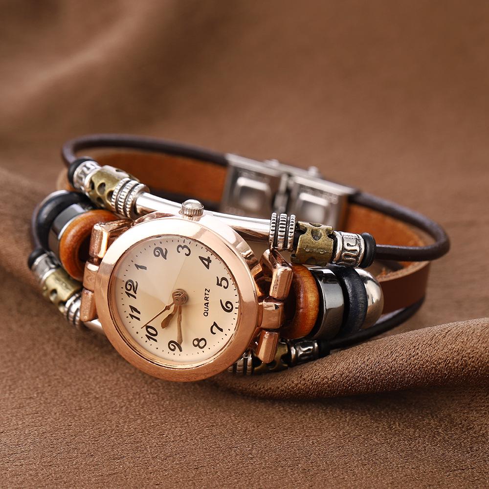 Retro Multi-Style Cowhide Quartz Bracelet Watch - Handmade Multi-Layer Stainless Steel Circle Jewelry