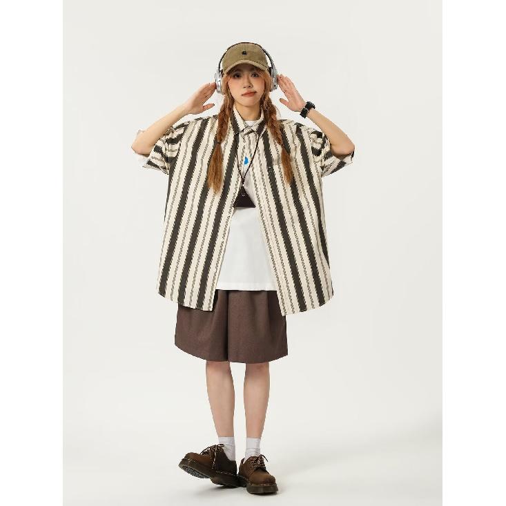 Short Sleeved Shirt For Men With A Niche Design, Striped Five Quarter Sleeves, High-End Feel, Loose And Handsome Long Sleeved Shirt