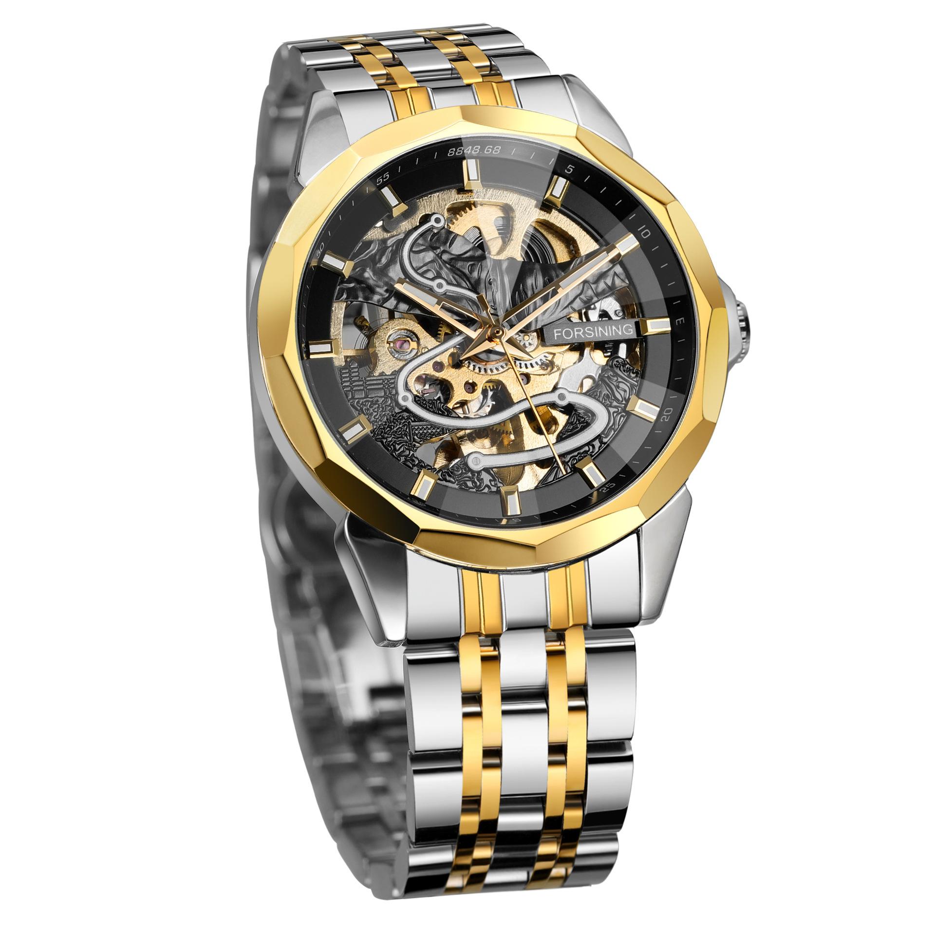 Forsining Men S Fashion Rhombus Glass Solid Steel Belt Butterfly Buckle Mechanical Watch