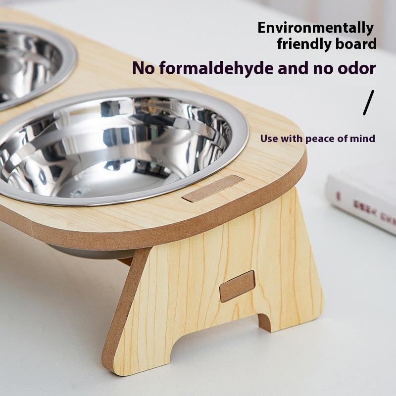 Cat And Dog Feeding Bowls Anti-Tip Bowls Stainless Steel Pet Bowls With Wooden Supports Neck Protection Design 2 In 1 Water Bowl