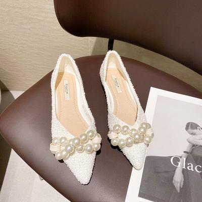 2025 Spring Summer New Pointed Flat Shoes Women Green Pure White Flats with Big Pearls Unique Design Large Size 44 45 46 33 34