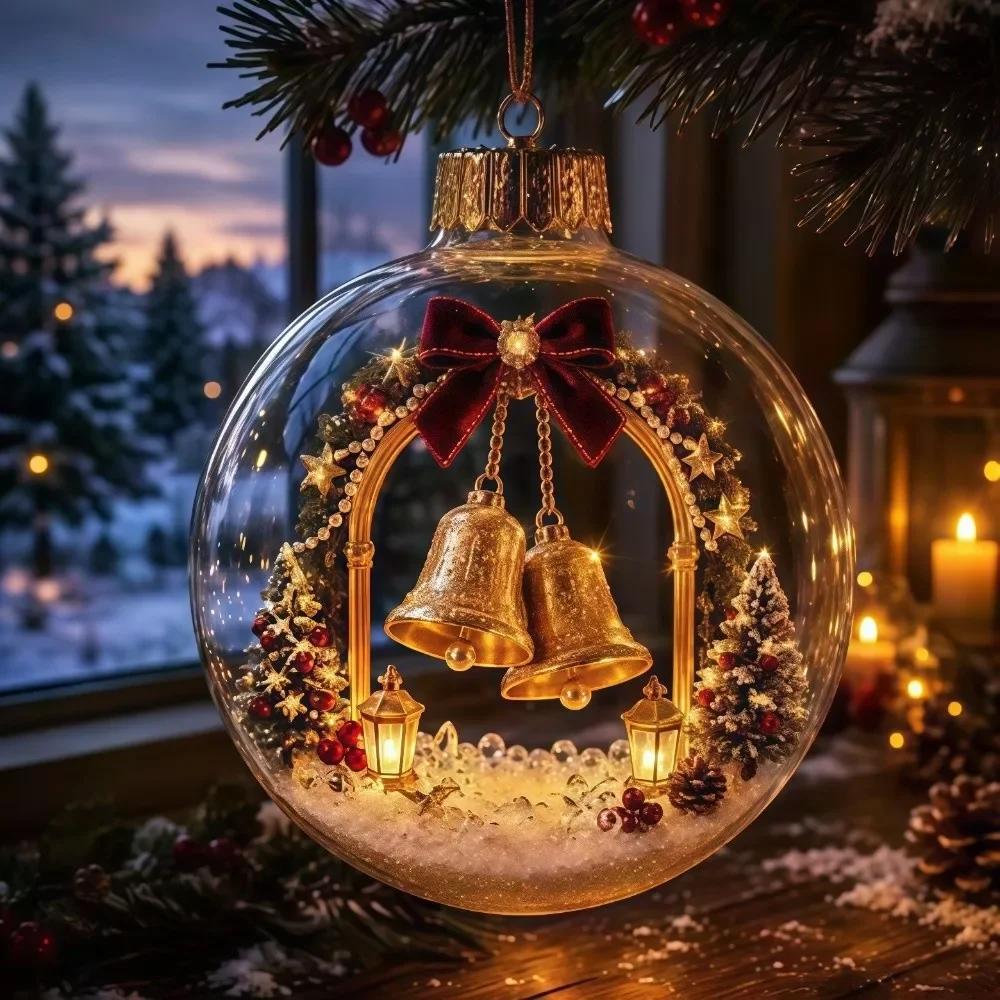 2pc Acrylic Material Christmas Ball Ornament Transparent Design with Light Santa Claus Pendant Hanging Christmas Decor