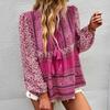 Casual V-neck Loose Bohemian Tops Temperament Long Sleeve Shirt Spring Lace-Up Flower Print Blouse Elegant Clothes Blusas 28183