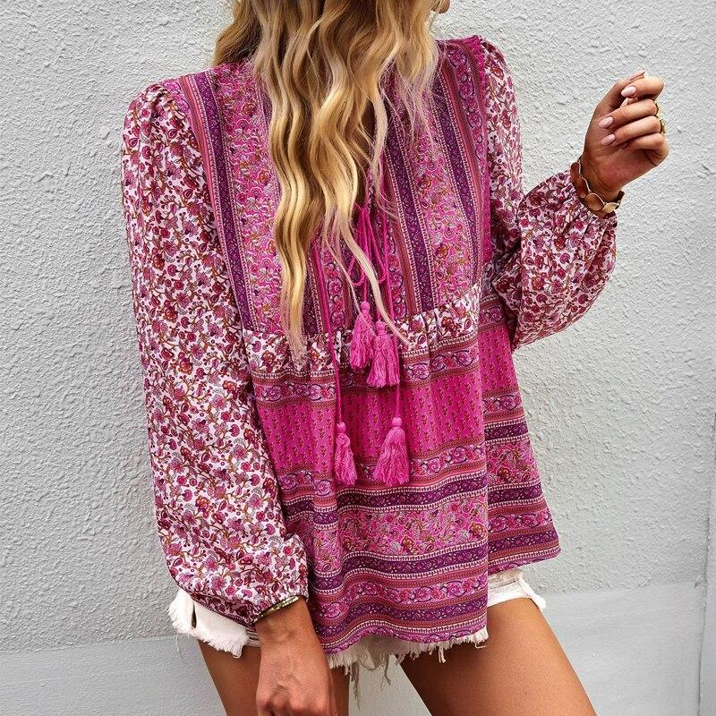 Casual V-neck Loose Bohemian Tops Temperament Long Sleeve Shirt Spring Lace-Up Flower Print Blouse Elegant Clothes Blusas 28183