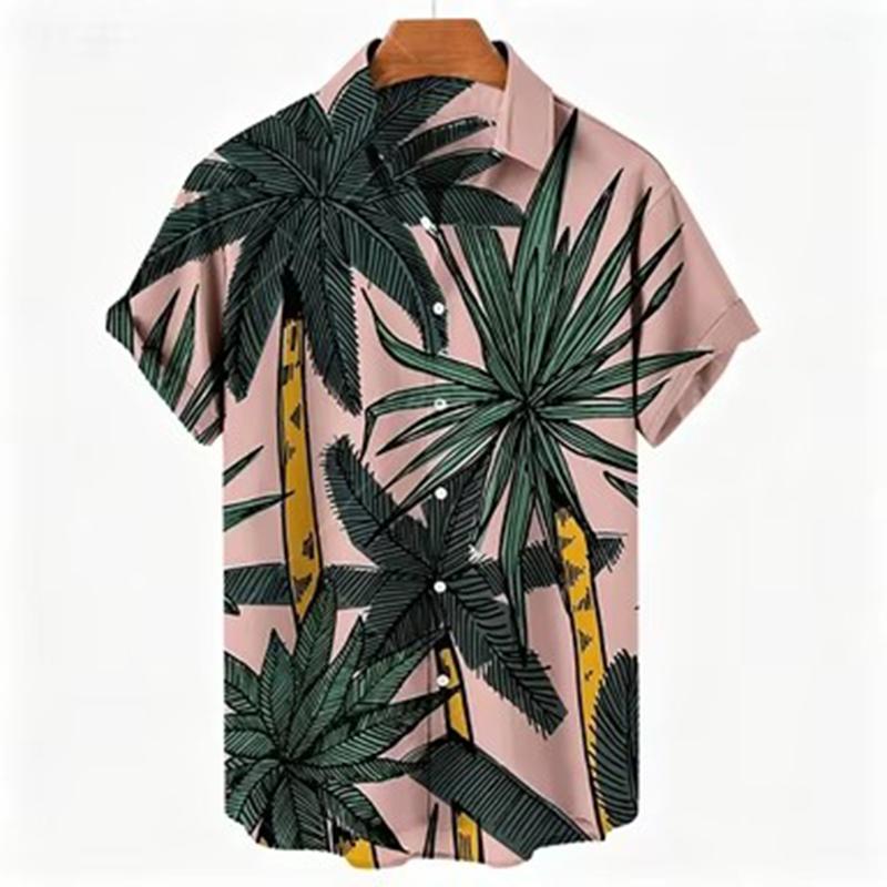 Tropical Palm Print Lapel Short Sleeve Men Shirt, Lightweight Loose Summer Casual Button Down Clothing
