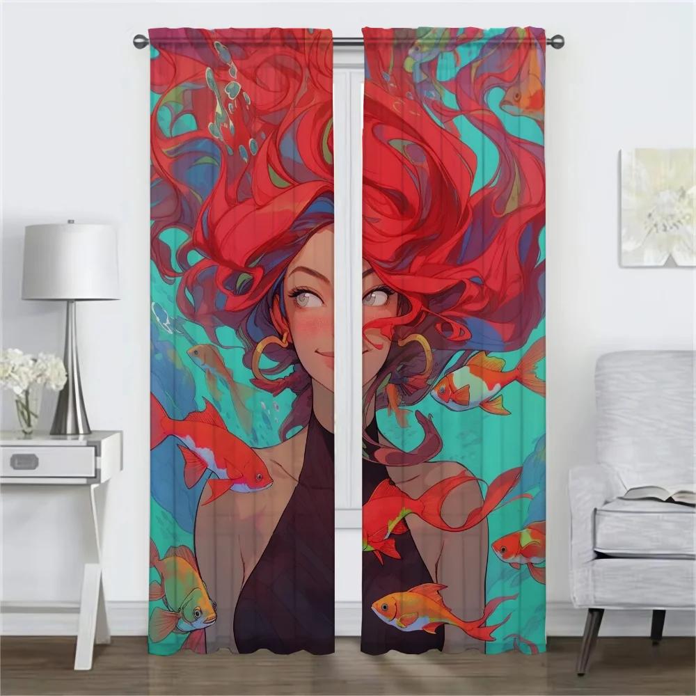 Girl Mermaid Series Blackout Curtains for Living Room Tulle for Bedroom Home Interior Curtains 2 Pieces Shades Partition Curtain