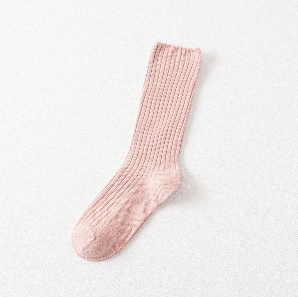 Autumn & Winter Women's Ribbed Cotton Mid-Calf Socks - Japanese Style, Solid Color, Double Needle.