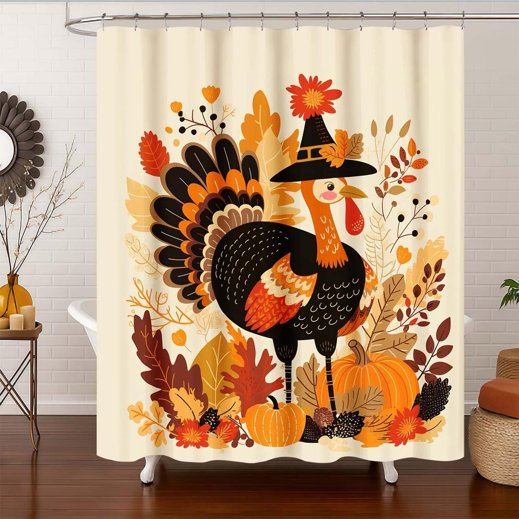 Thanksgiving Shower Curtain,Cartoon Turkey And Autumn Leaves Shower Curtain For Bathroom Decor Polyester Waterproof Bath Curtain