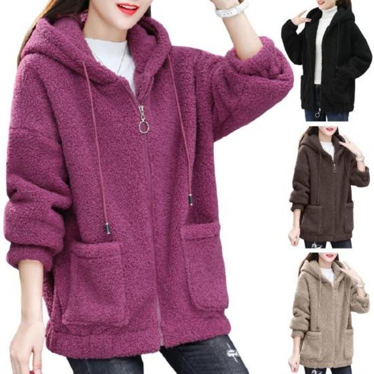 Winter Women Fleece Hoodie Windproof Thick Outerwear Cardigan Jacket with Drawstring Hood Full Sleeves Zipper Closure