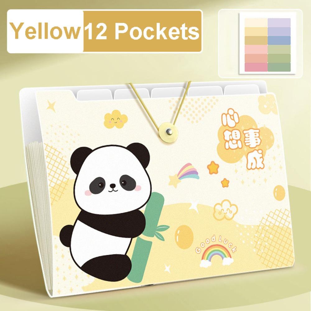 Panda A4 File Folder Large Capacity 8/12 Pockets Test Paper Storage Folder Cartoon Buckle Design Document Bag Student Supplies