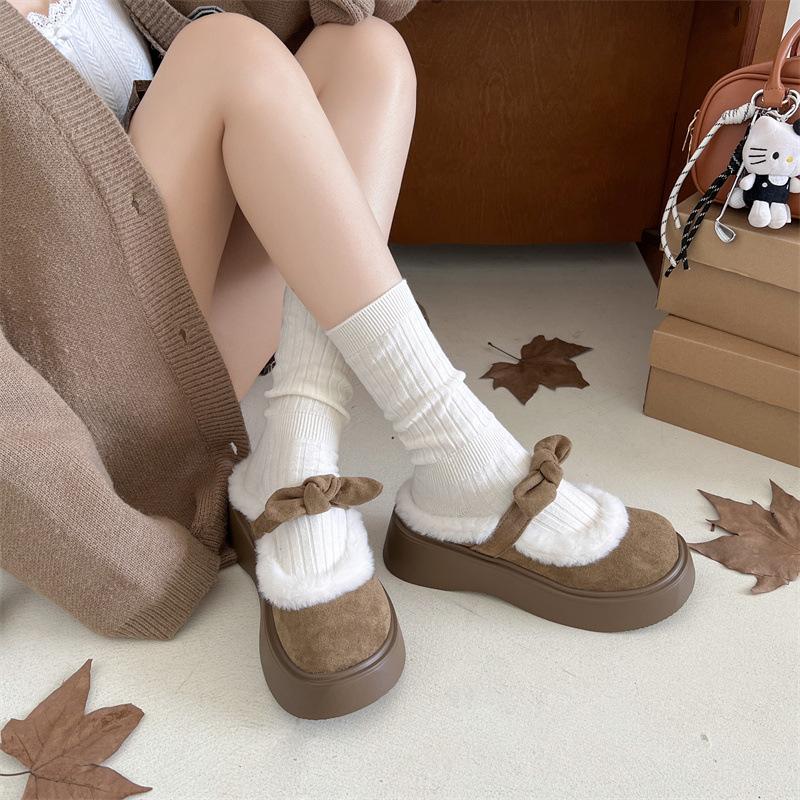 Cute bow cotton slippers women's shoes outer wear 2025 autumn and winter home thick-soled velvet warm stepping shit cotton shoes