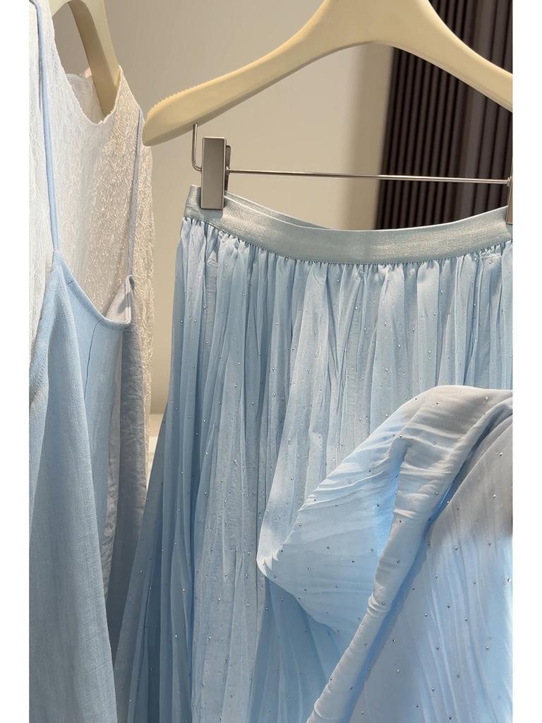 Ethereal Hot-Fix Pleated Chiffon A-Line Skirt for Women, Spring 2026 - Slimming with Large Hem Design