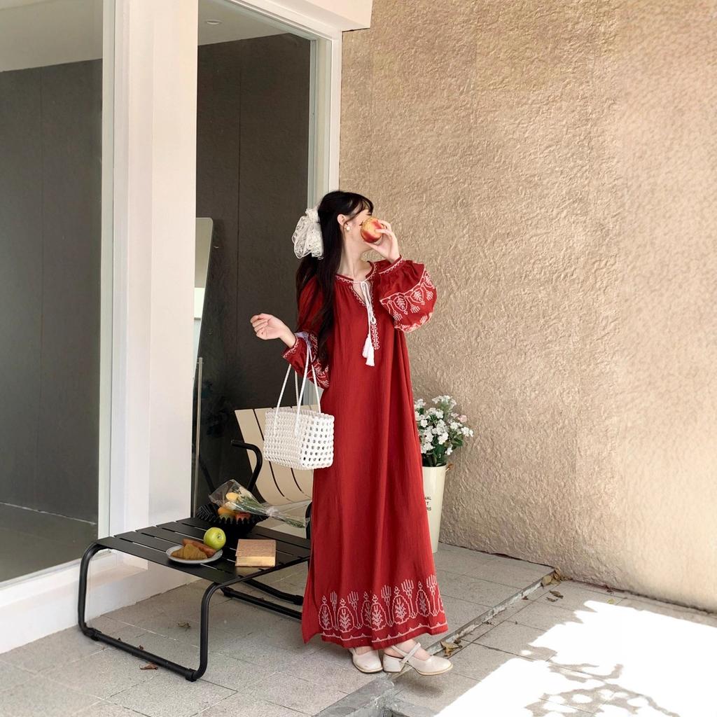 Source Bohemian Vacation Style Temperament Lace-up Round Neck Lantern Sleeve Dress Women's Autumn Embroidery