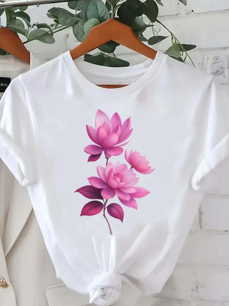 (Asian Size) Sweet Flower Cute Tee Clothing Lady Female Top Printed Women Casual T Shirt Fashion Graphic Short Sleeve T-shirts