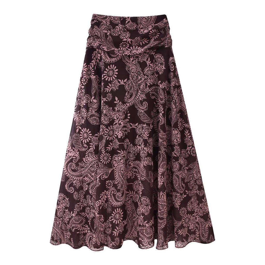 חצאית שיפון מודפסת בסגנון אירופאי לנשים, עם מכפלת רחבה, סתיו 2025