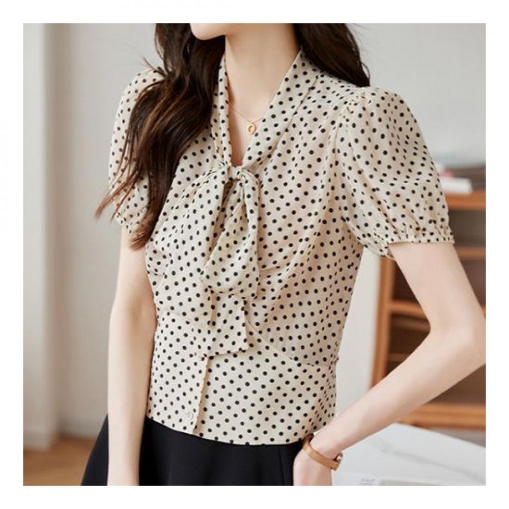 Navava Women Vintage Dot Pattern Ribbon Neck Short Sleeve Blouse Nb1486