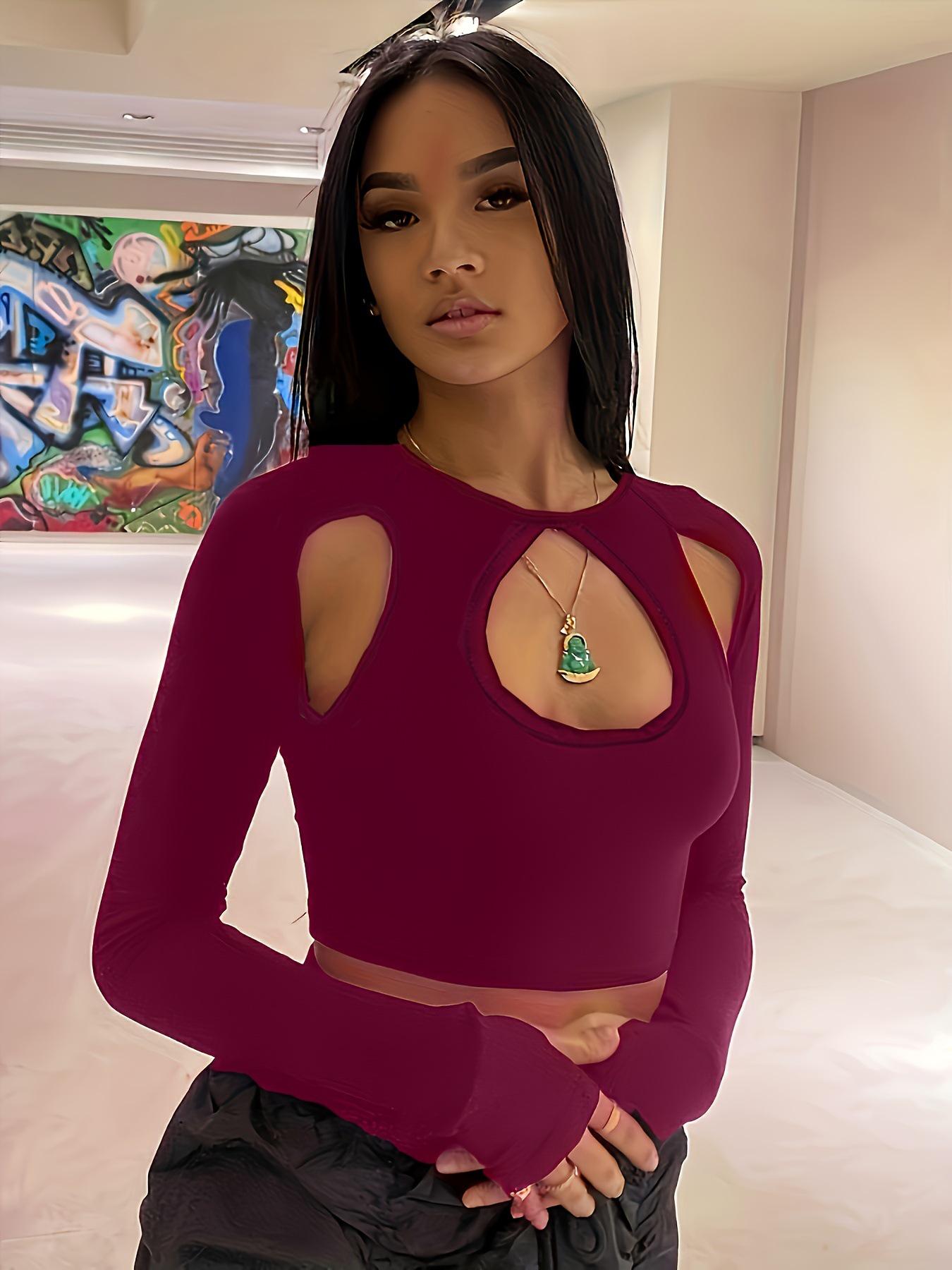 Frühling/Sommer Streetwear Einfarbig Rundhalsausschnitt Langarm Ausgeschnittenes Cropped T-Shirt XL rot