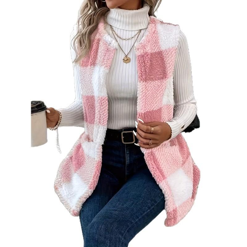 2025 Winter Plaid Print Double-Sided Plush Buttonless Pocket Cardigan Casual Women's Vest