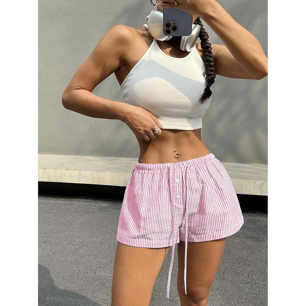 Women's Elastic Lace-up Striped Casual Shorts - Summer 2025