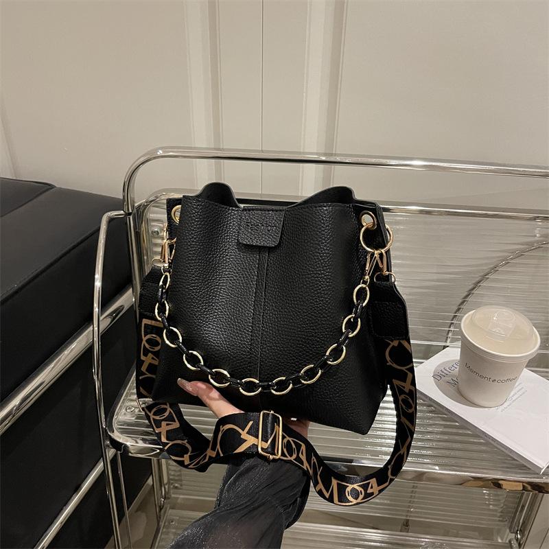Faux Leather Bucket Bag for Women, Trendy Chain Shoulder Purse, Minimalist Crossbody Handbag KTB